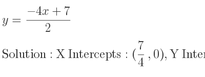 The y=(-4x+7)/2 is X Intercepts: (7/4 ,0),Y Intercepts: (0, 7/2)